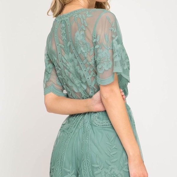 Lace Teal Turquoise Green Deep V Romper - Picture 2 of 5